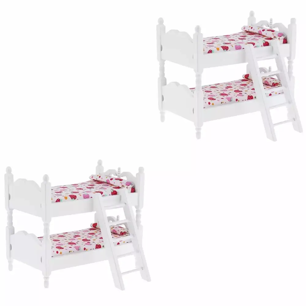 Wooden Bunk Bed Kids Pretend Play Toy Set 2 Mini Beds (Pink) Nadinraom