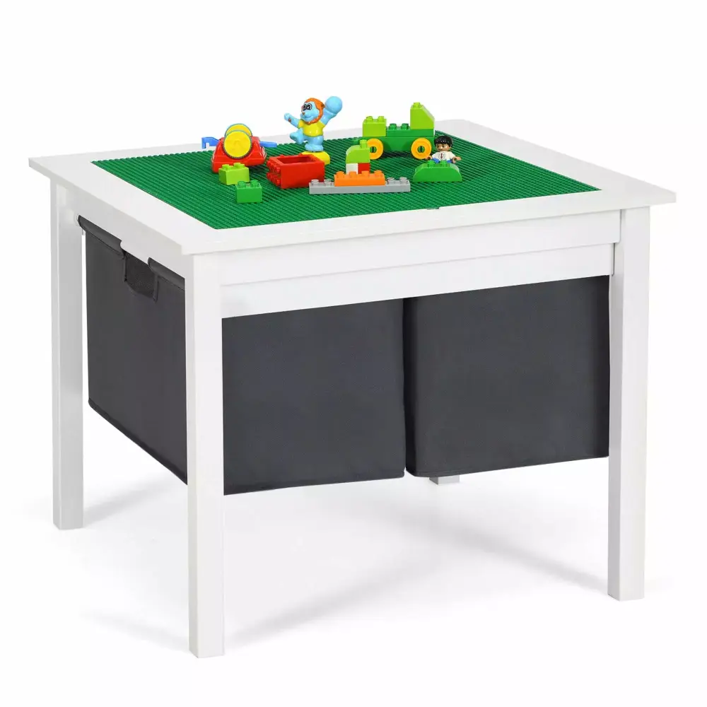 Gymax 2--1 Kids Double-sided Activity Building Block Table Storage Drawers White