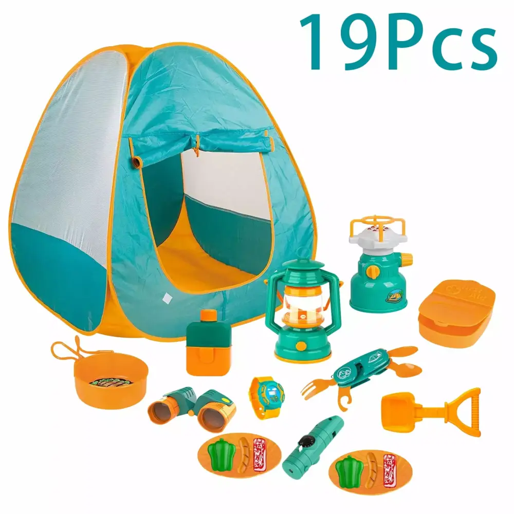 19 Pcs Kids Play Tent Camping Stove and Oil Lamp Pretend Camping Set