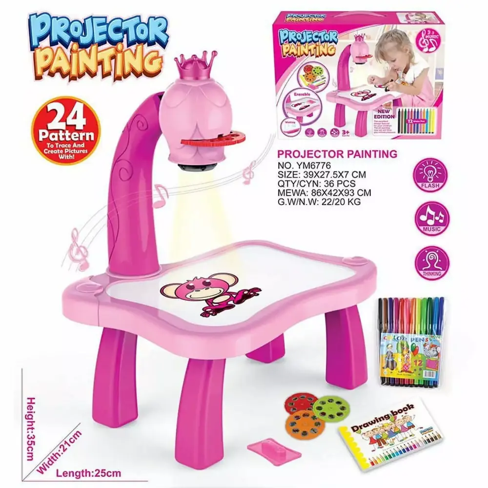 Children LED Projector Art Drawing Table Kids Painting Board Desk Arts Crafts Educational Toy Pink Zenbath