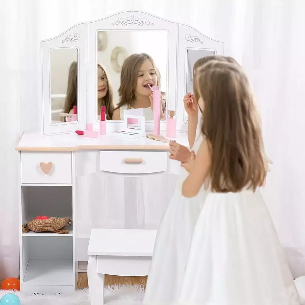 Princess Vanity Set Toddlers - Kids Vanity Mirror Stool and Wood Makeup Playset White Joyspirit