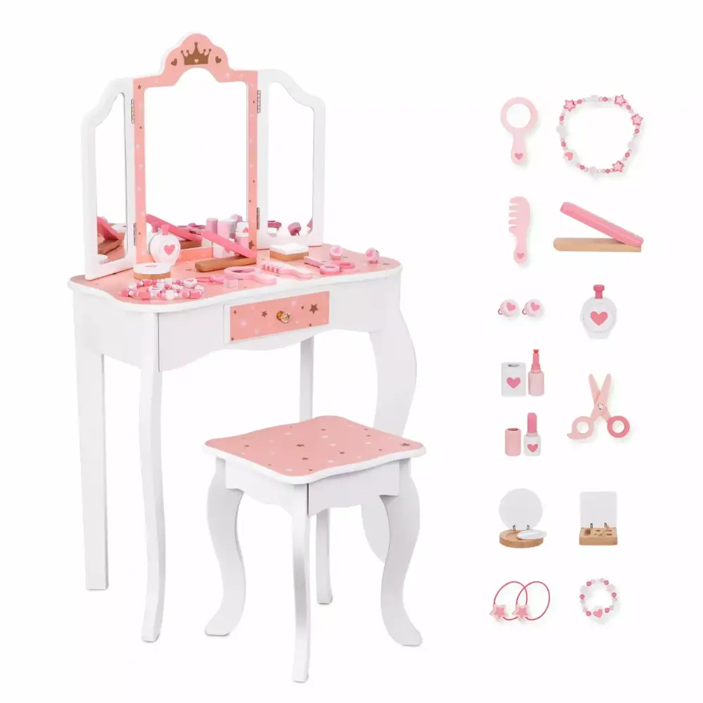 OOOK Kids Vanity Set Mirror and Stool - Luxury Wooden Pretend Makeup Dressing Table
