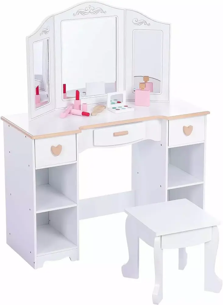 Zzistar Kids Vanity Table and Stool Set - Wood Makeup Desk Tri-Folding Mirror and 3 Drawers