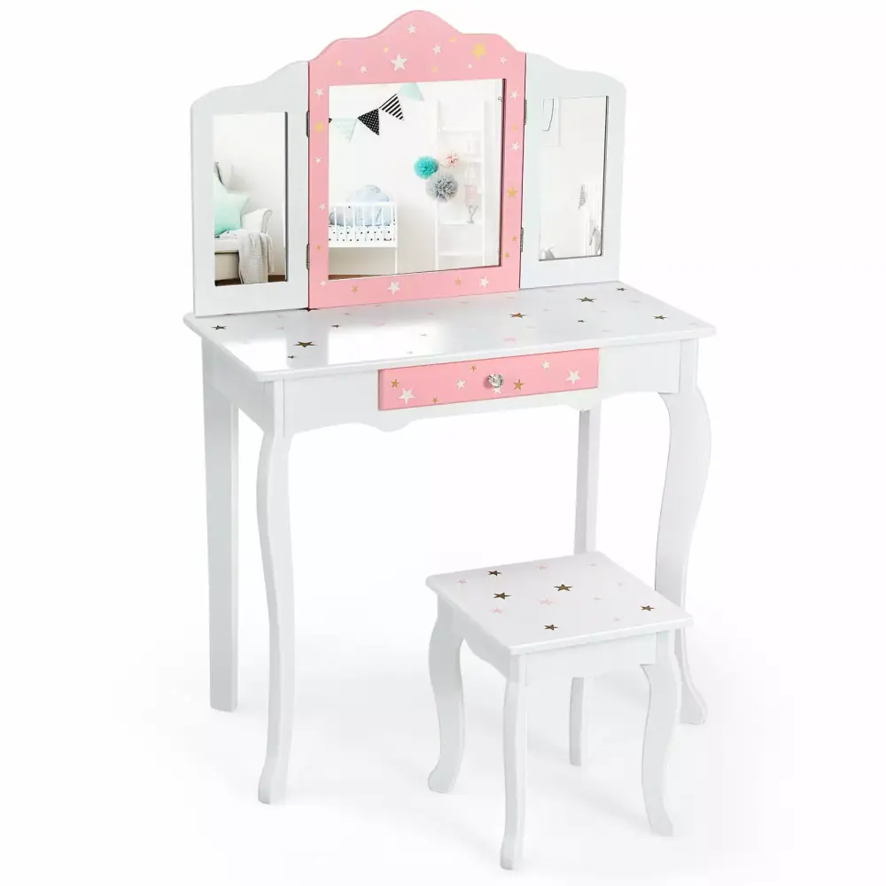 Infans Kids Vanity Princess Makeup Dressing Table Chair Set Tri-folding Mirror White