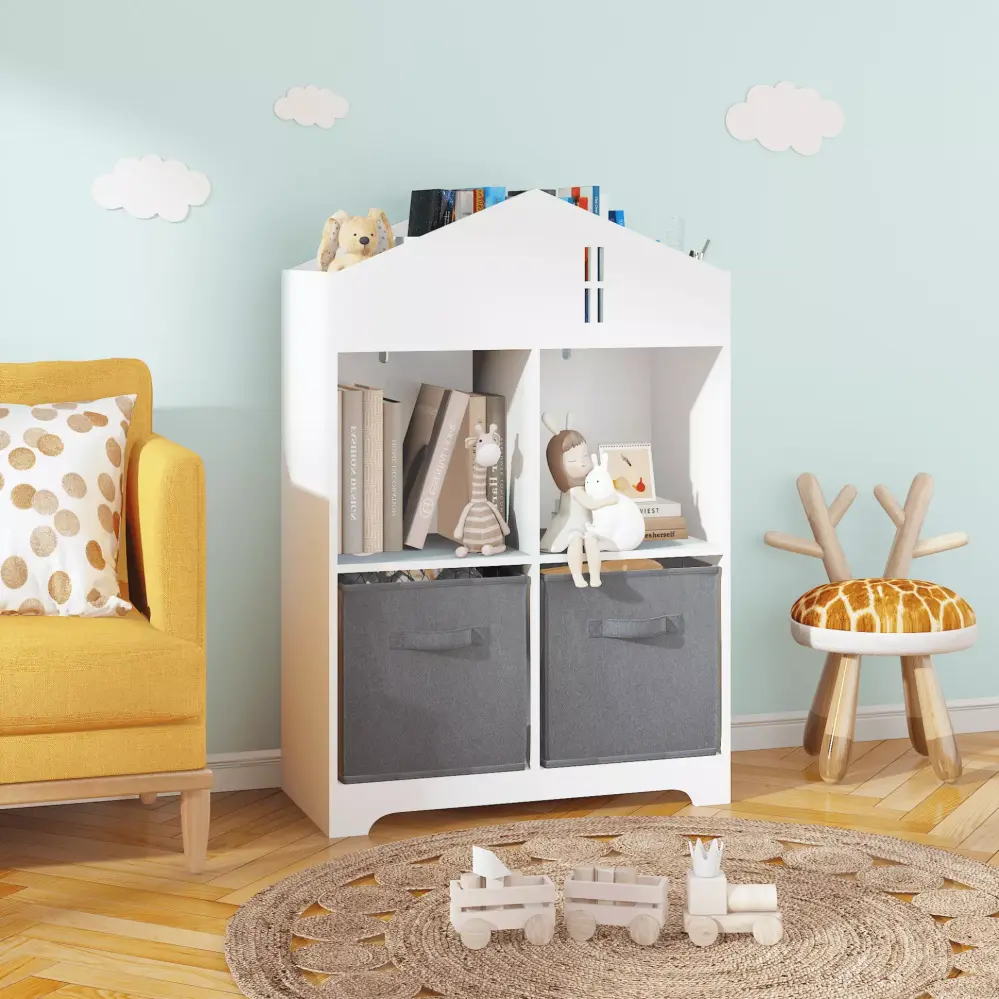 24.1 Kids Bookshelf and Toy Storage Wooden Stand Dollhouse 2-Tier Baby Bookcase 2 Collapsible Fabric Drawers Gray Triple Tree
