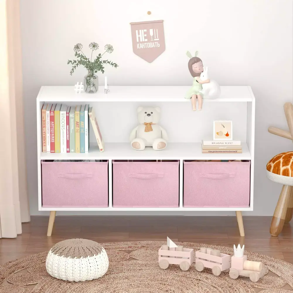 Yoneston Kids Bookcase 3 Collapsible Fabric Drawers Children's Toy Storage Book Display Cabinet White Pink