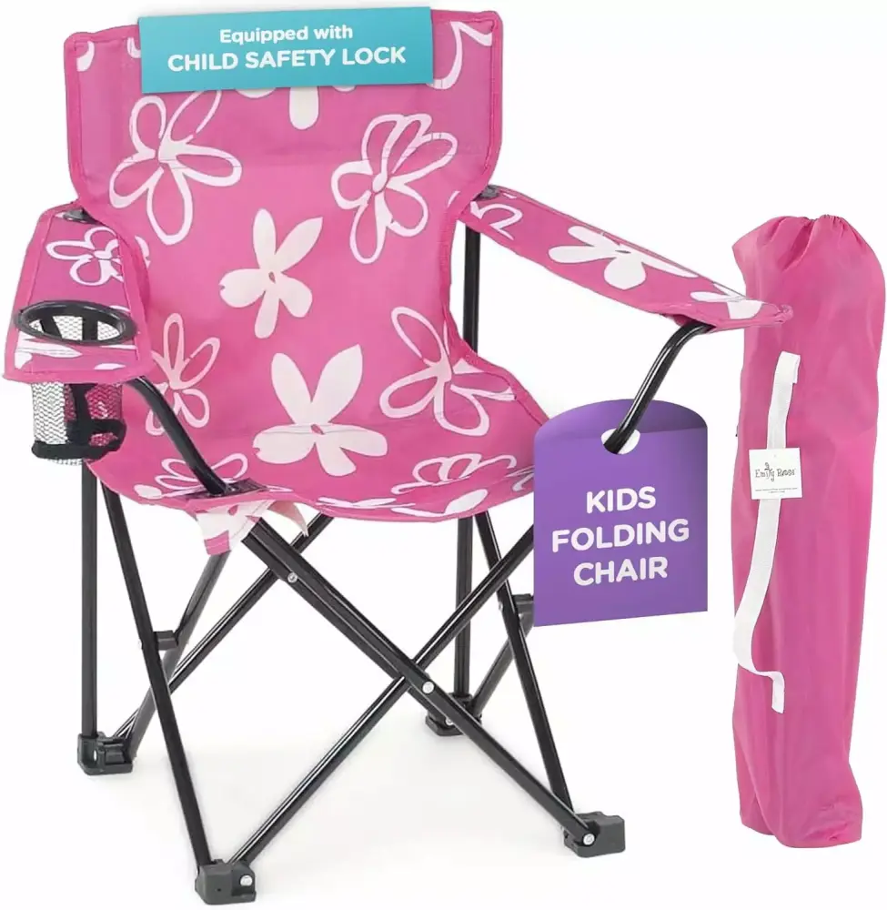 Emily Rose Kids Folding Chair Pink Beach Camping Chair Girls Safety Lock and Cup Holder