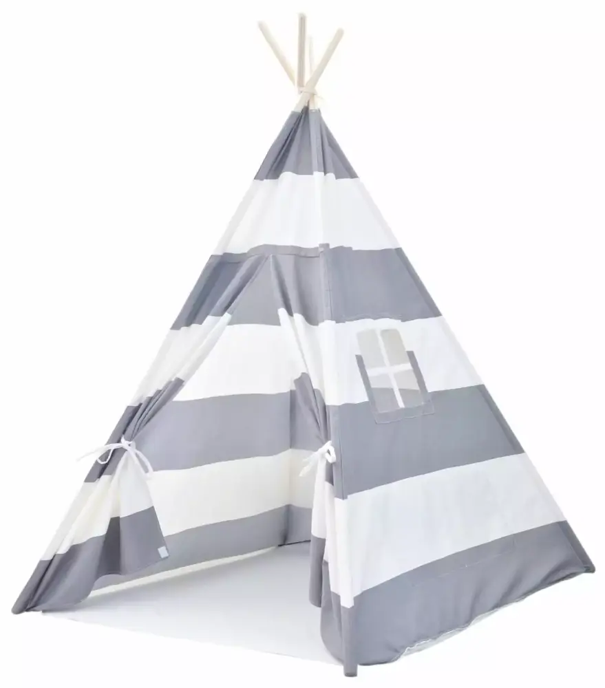 Mustard Seed Toys Canvas Teepee Tent Kids Gray and White Stripes 100% Natural Cotton