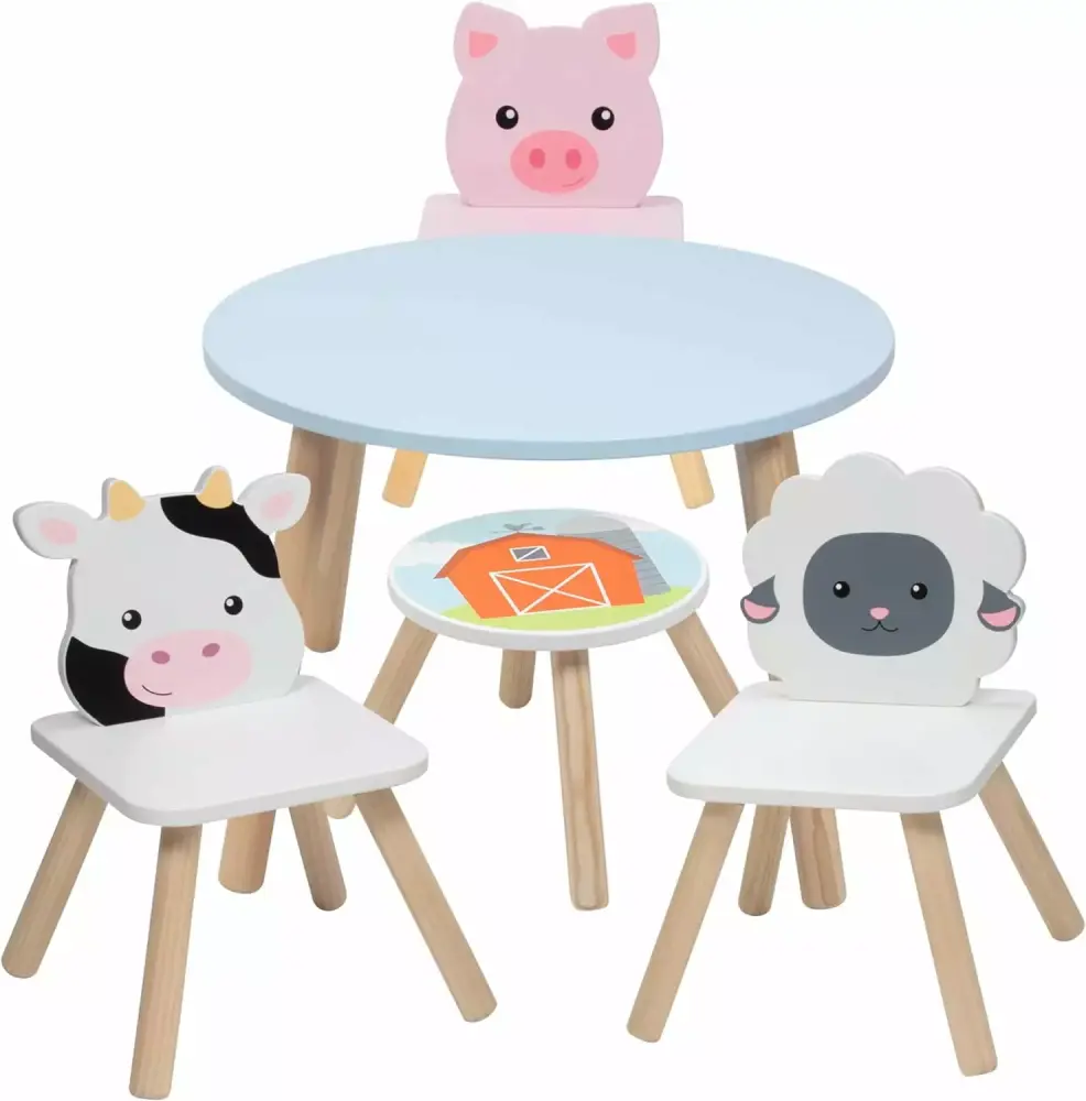 Kids Wooden Animal Table & Chair Set 3 Seats Cow Pig Sheep & Adult Stool Arts Crafts Dining Pretend Play Svan