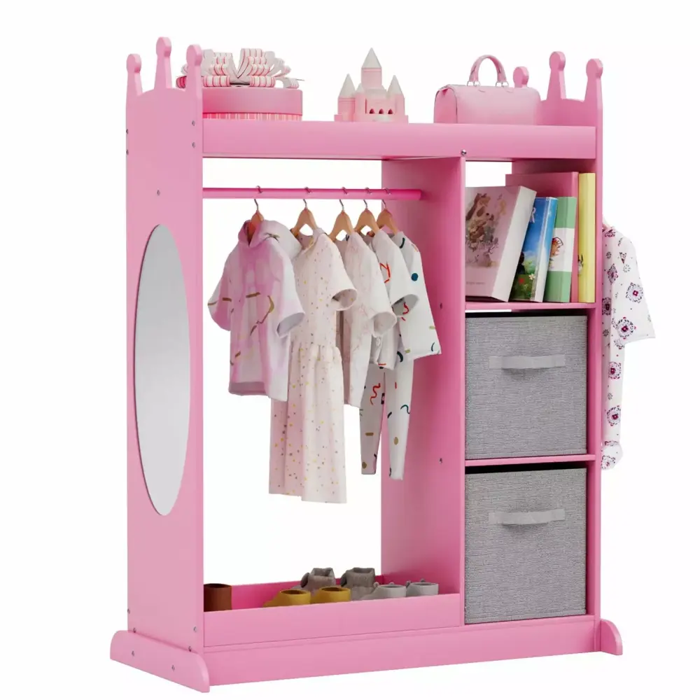 XJD Kids Play Armoire Mirror Storage Bins Closet Dress Up Costumes Pink