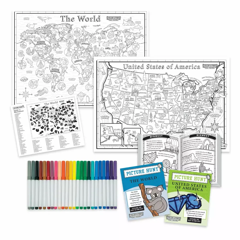 MindWare Color & Find Map Posters USA and World Learning Geography Kids Ages 6+