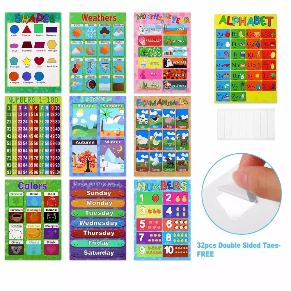 10Pcs Interactive Alphabet Wall Chart - ABC Numbers Farm Animals Seasons Weather Learning Toy STOBOK