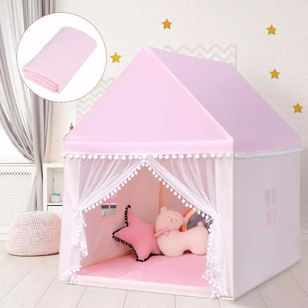 Kids Play Tent Large Playhouse Washable Mat Solid Wood Frame Indoor Outdoor Princess Tent Pink