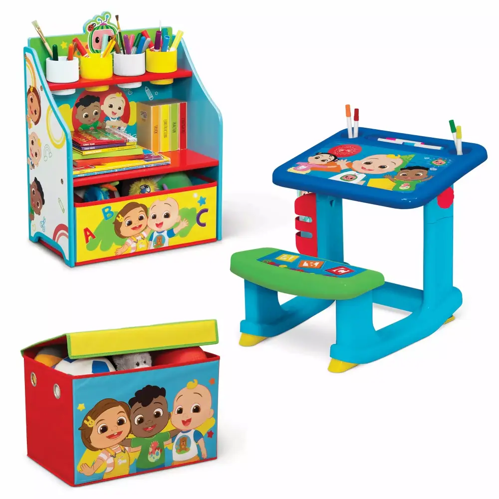CoComelon 3-Piece Art & Play Toddler Room---Box Desk, Storage & Toy Box Blue
