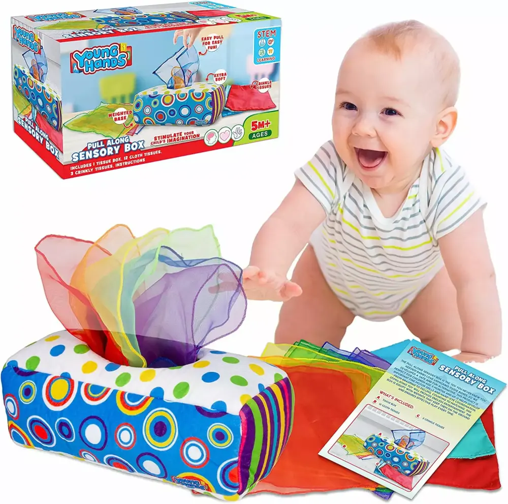 Sensory Pull Along Toddler Tissue Box Rainbow Dance Scarves STEM Montessori Toy Tanfeine