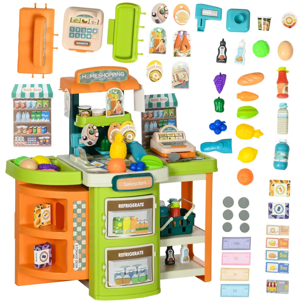 58Pcs Grocery Store Pretend Play Set Kids Trolley Cash Register Stand aosom business