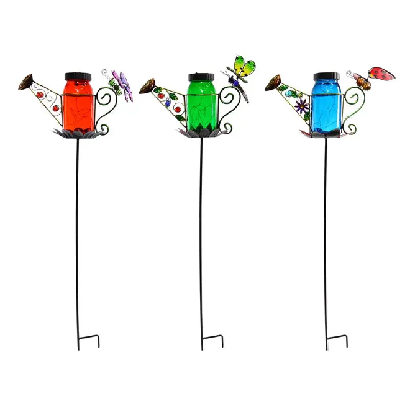 Alpine LJJ406A Water Can Butterfly Solar Garden Stake Glass Outdoor Decor