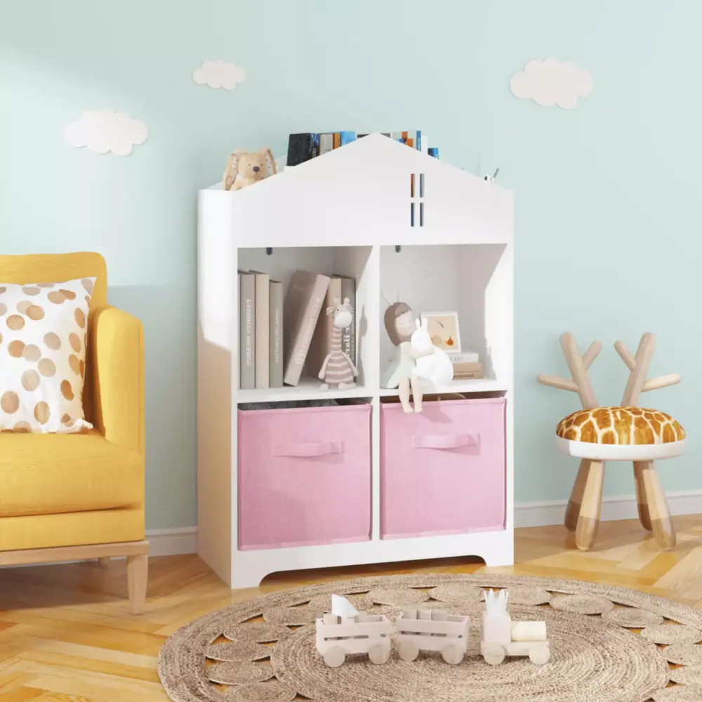 Lovely Kids Dollhouse Bookcase Storage - 2 Tier Display Cabinet Fabric Drawers White Pink Triple Tree