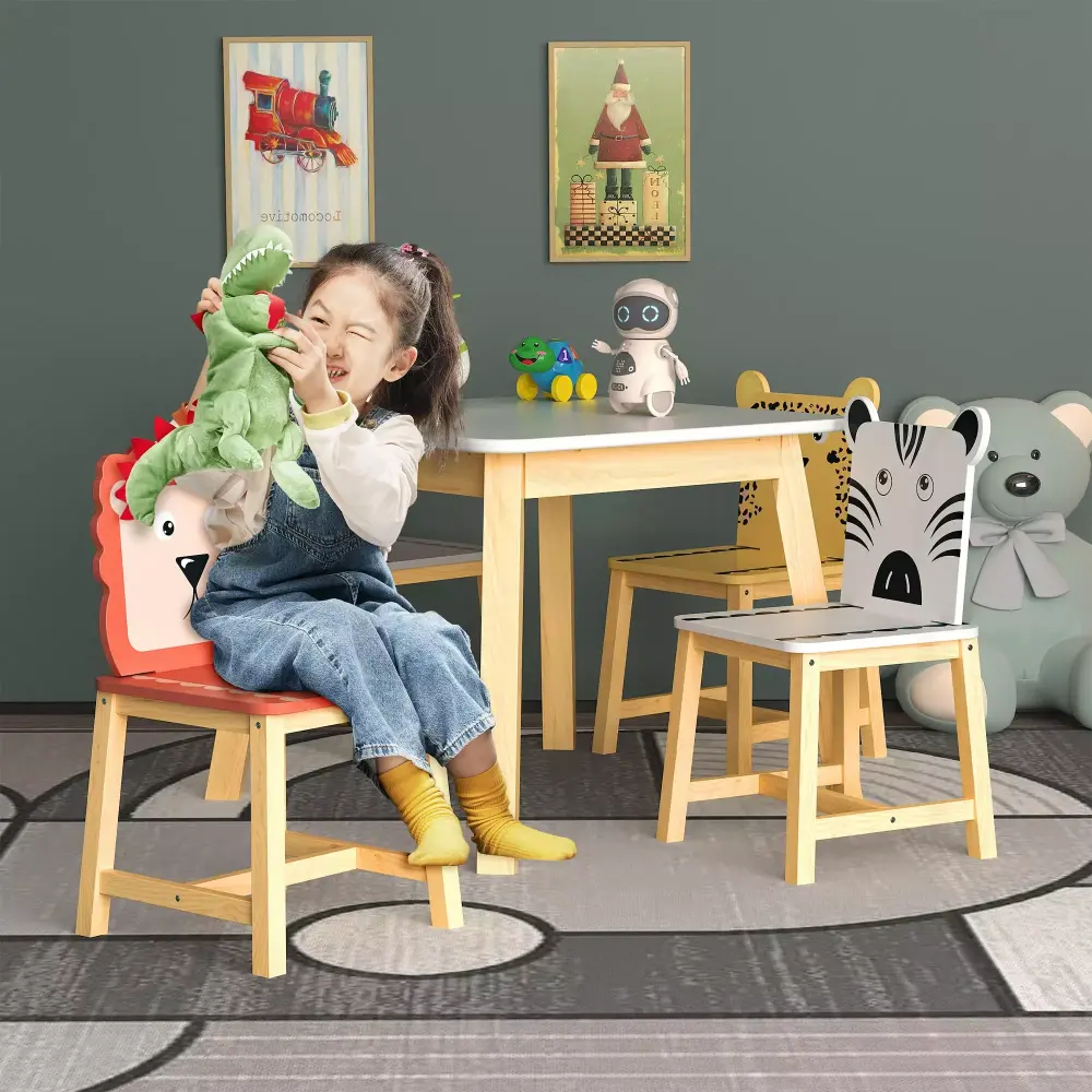 MOJTBE 5 Piece Kiddy Table and Chair Set Cartoon Animals Kids Wood Table 4 Chairs Ages 3-8