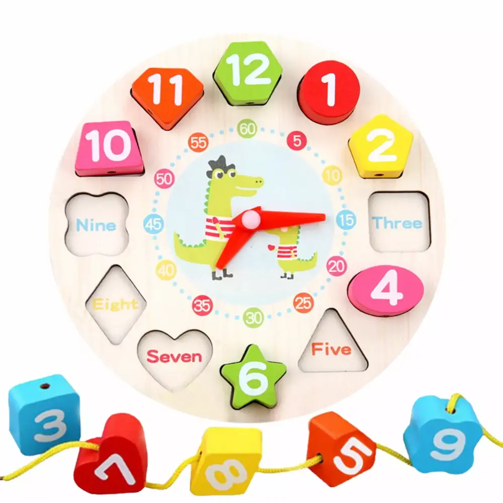 BINGLI Preschool Shape Sorting Wooden Clock Early Education Toy Boys Girls 3-5 Years Old
