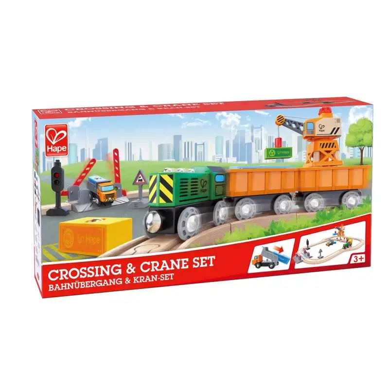 Hape Crossing And Crane Set Wood Multicolored 34 Piece Train Toy