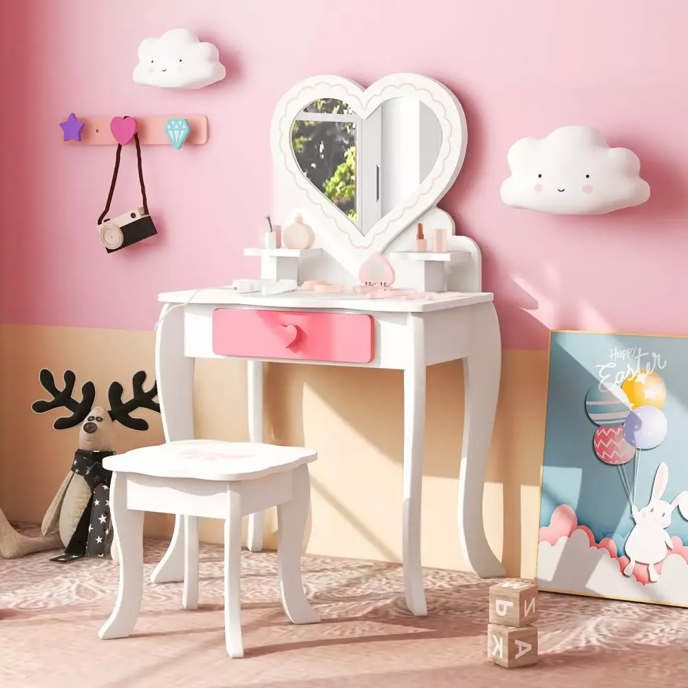 Amijoy Kids Vanity Set 2--1 Princess Makeup Table & Chair Set Heart-shaped Mirror Storage Drawer & Abundant Accessories