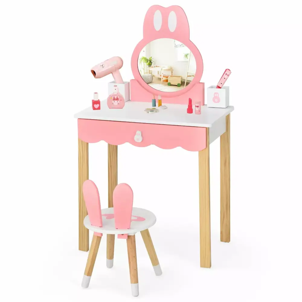 Coelon Kids Vanity Table & Chair Set Princess Makeup Dressing Table 360 Rotating Tri-fold Mirror Pink