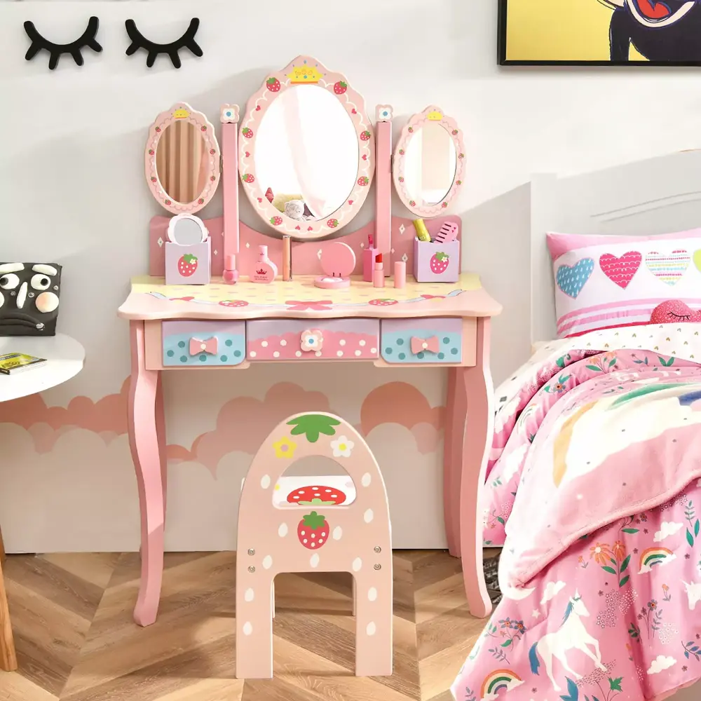 Costway Kids Vanity Princess Makeup Dressing Table Chair Set Tri-fold Mirror Pink