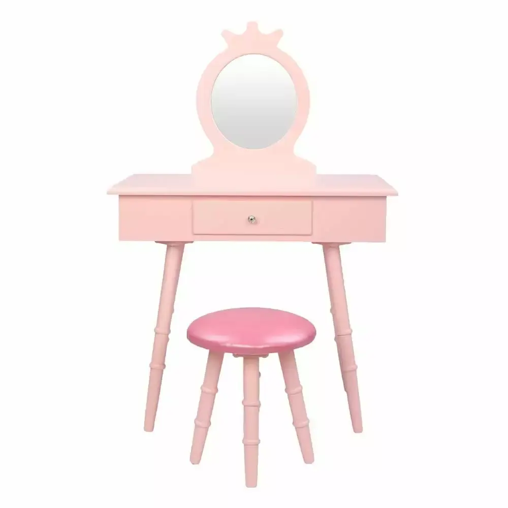 Kids Vanity Wooden Makeup Chair Set Mirror Pretend Dressing Table Beauty Stool Play Set Pink FCH