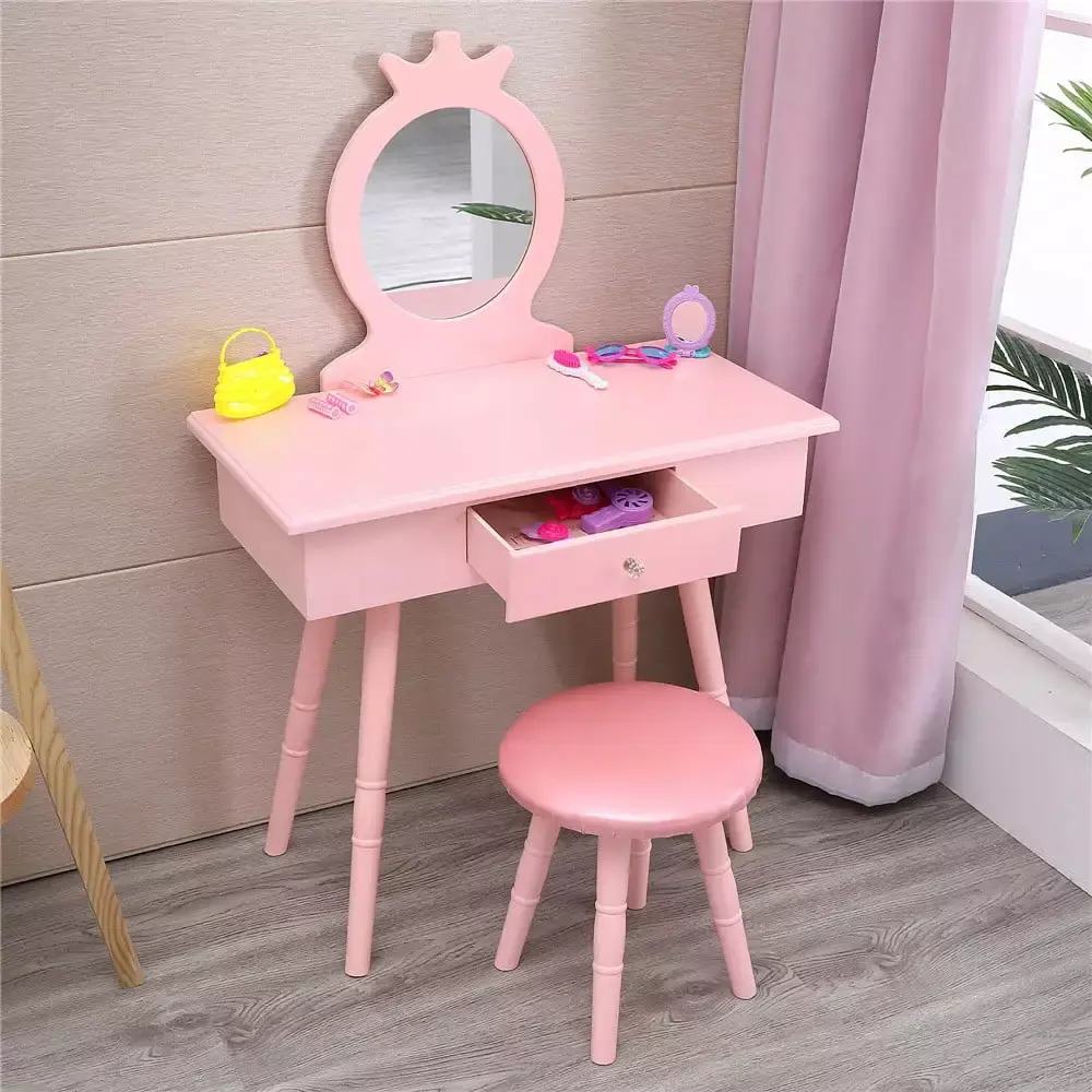 SalonMore Pink Princess Kids Vanity Table Stool Mirror Drawer Play Makeup Set FCH