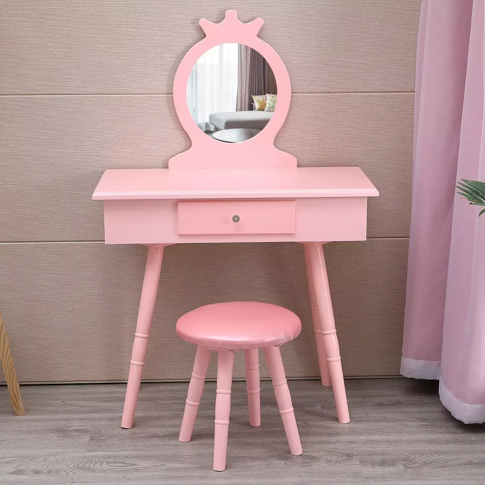 SamyoHome Kids Wooden Vanity Set Makeup Table Princess Pretend Beauty Dressing Play Set Girls Pink FCH