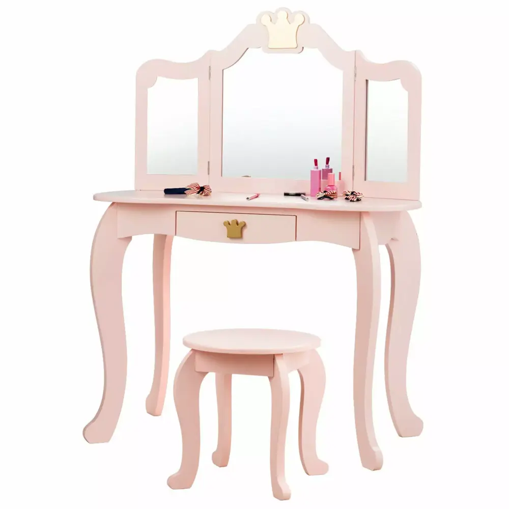 Gymax Kids Makeup Dressing Table Chair Set Princess Vanity Tri-folding Mirror Pink