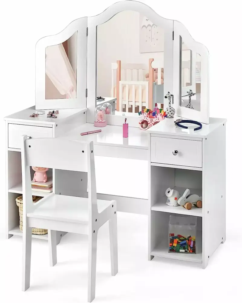 INFANS Kids Vanity 2 1 Princess Makeup Desk & Chair Set Tri-Folding Mirror White