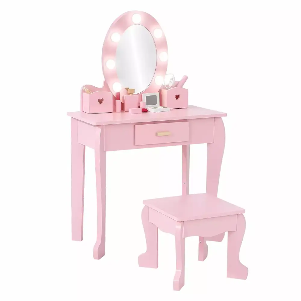 Kitsin Girls' Vanity Table and Chair Set Drawer & Mirror Age 4-9 Pink Kids Pretend Play Makeup Dressing Table