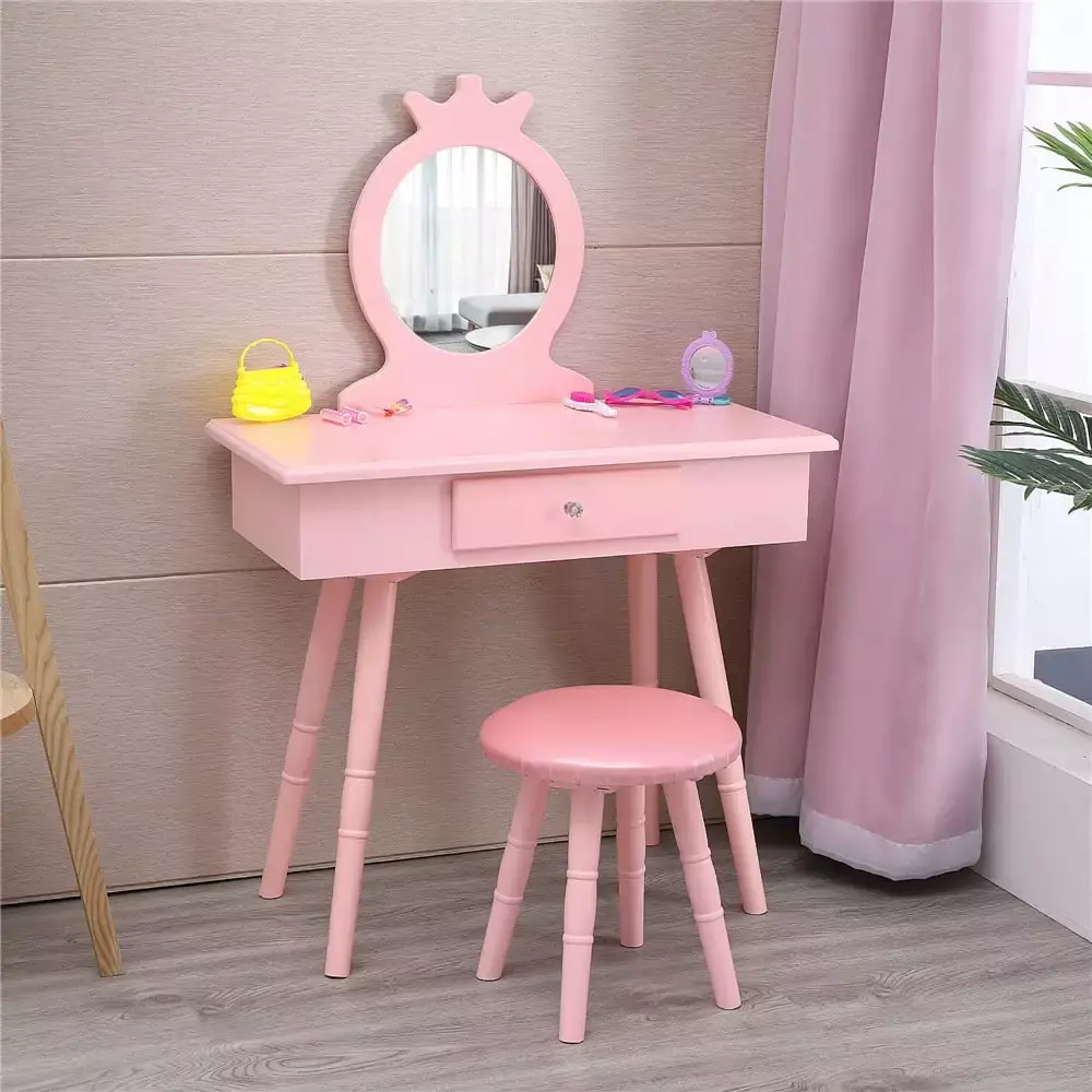 Ktaxon Kids Vanity Wooden Makeup Table Set Girls Princess Pretend Beauty Play Set Pink