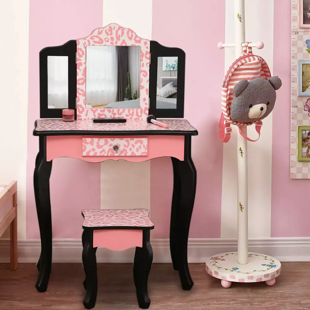 Ktaxon Kids' Wooden Vanity Table and Stool Set 3 Mirrors Princess Makeup Dressing Table