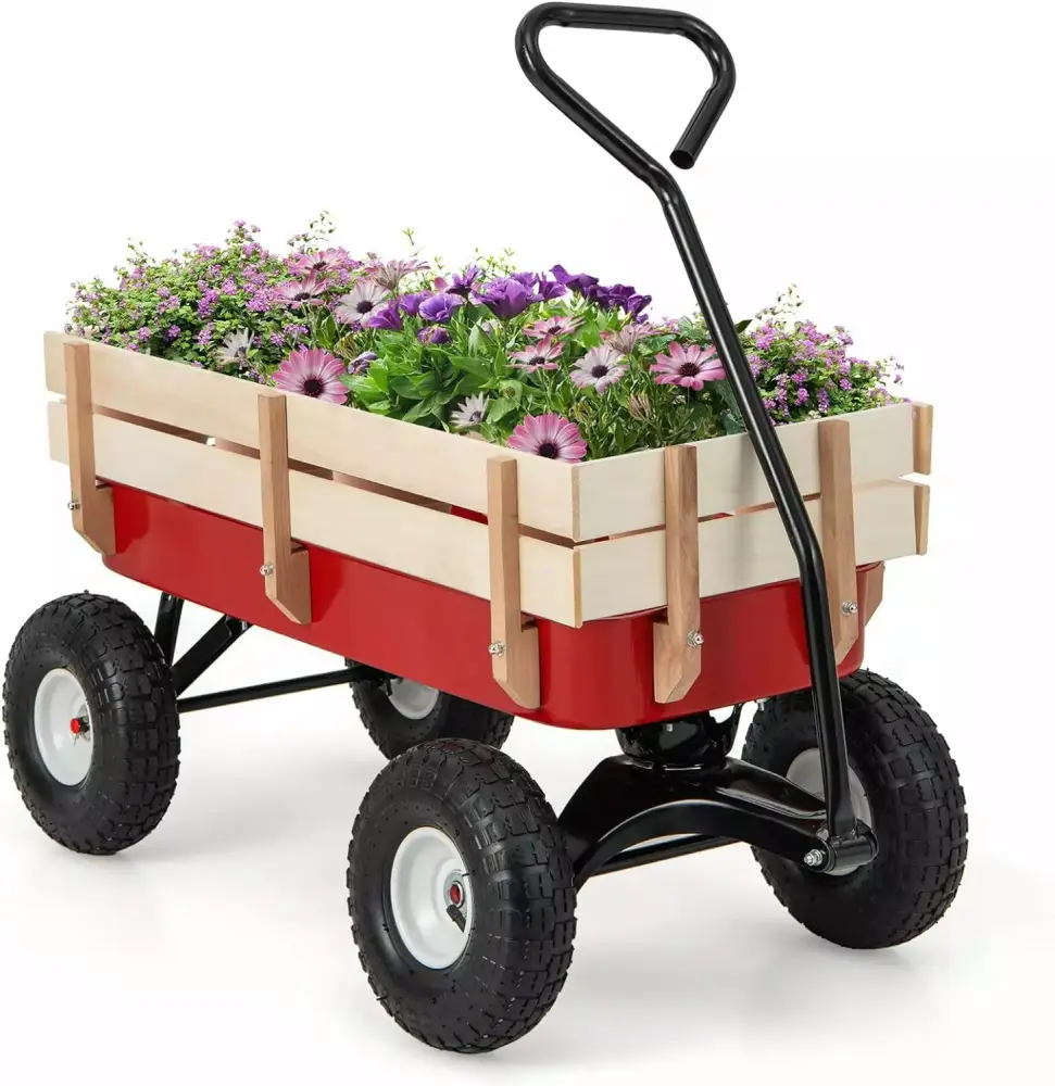 Elegant All Terrain Cargo Wagon Wood Railing Kids Children Garden Air Tires Outdoor Red