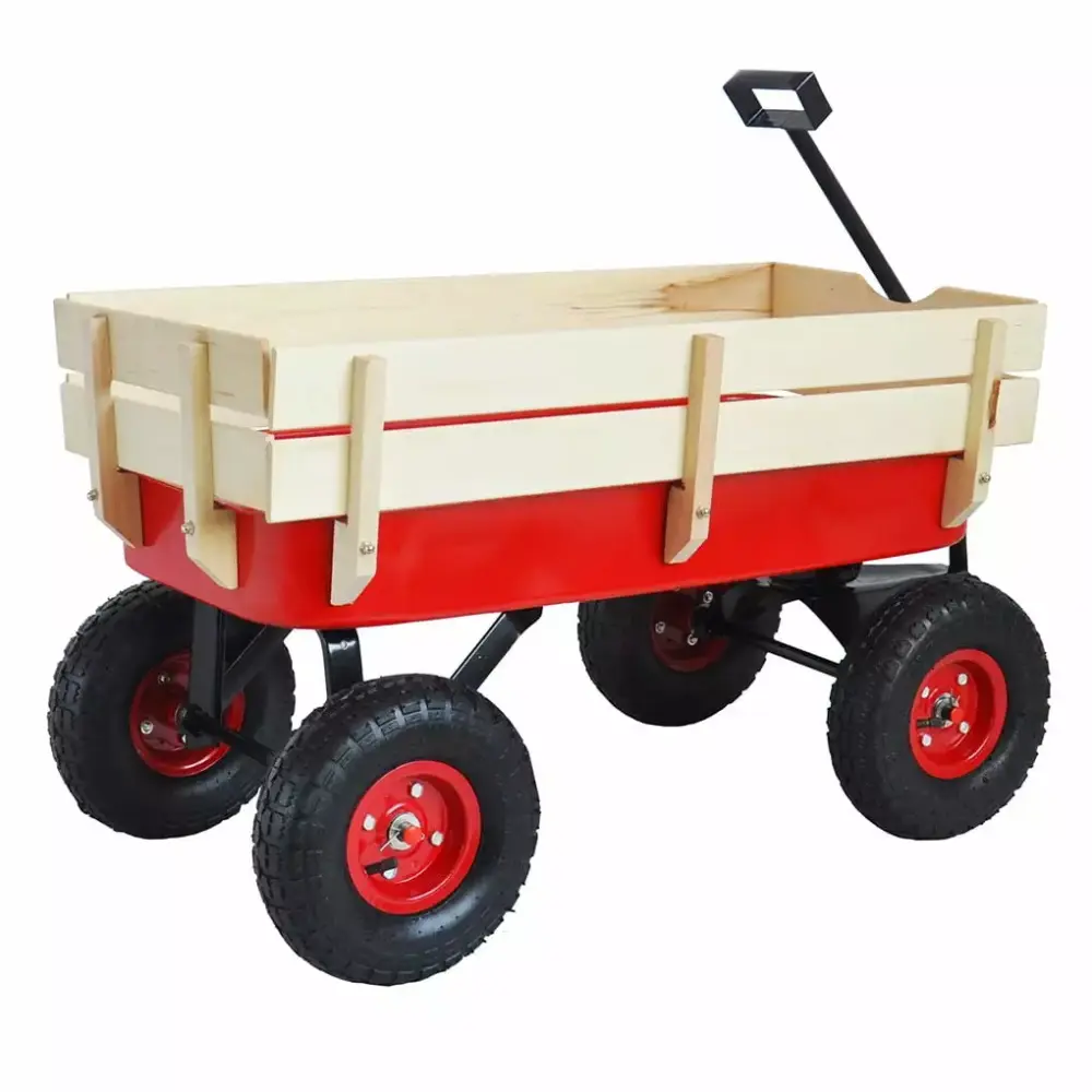 Outdoor Wagon All Terrain Pulling Wood Railing Air Tires Children Kid Garden Wagon Red