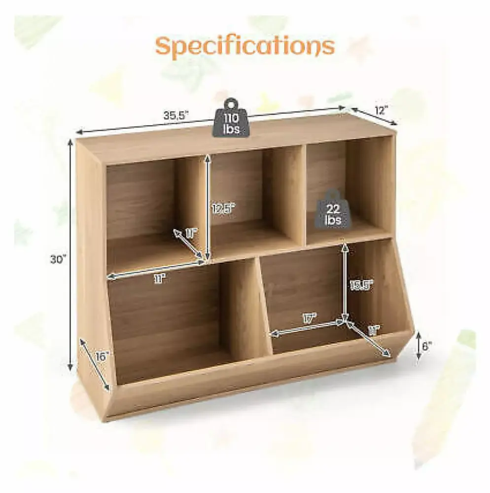 5-Cubby Kids Toy Storage Organizer Wooden Bookshelf Display Cabinet Natural